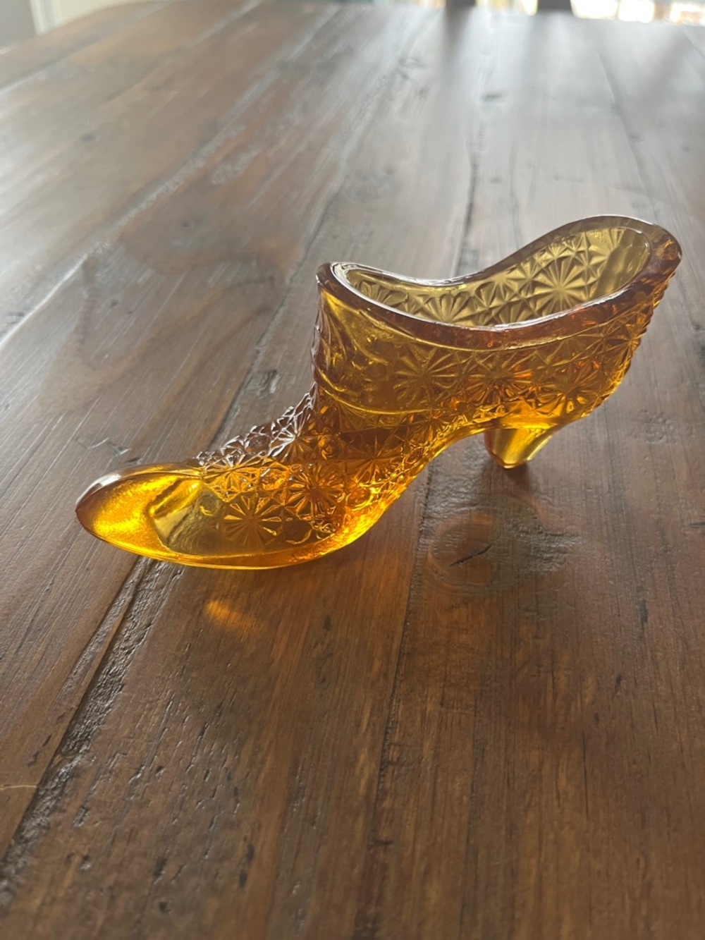 Vintage Fenton Amber Daisy & Button Bow Glass Shoe